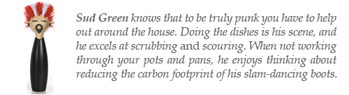 Sud Green knows that to be truly punk you have to help out around the house. Doing the dishes is his scene, and he excels at scrubbing and scouring. When not working  through your pots and pans, he enjoys thinking about reducing the carbon footprint of his slam-dancing boots.